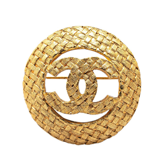 Gold Chanel Gold Plated CC Round Brooch