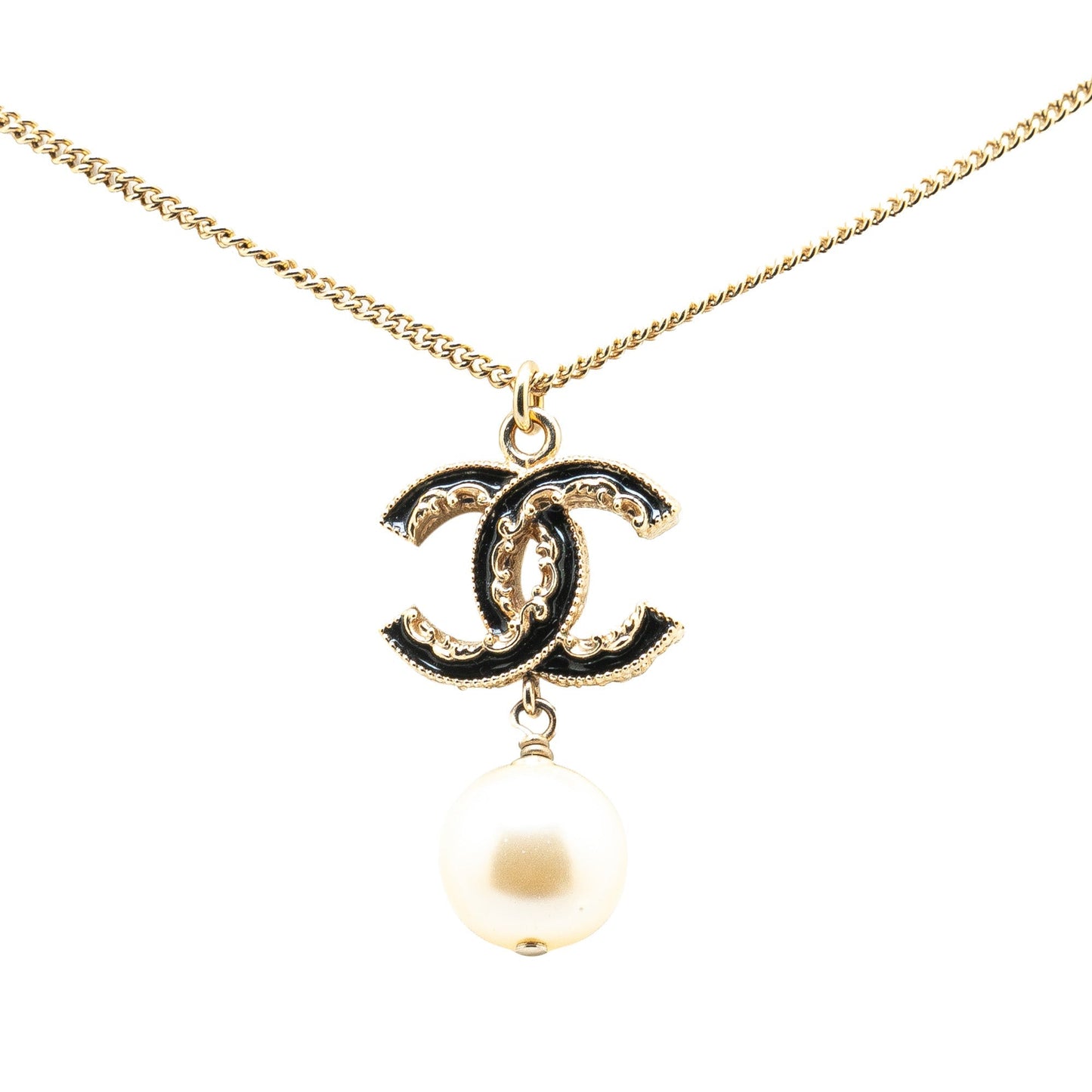 Black Chanel Enamel Faux Pearl Pendant Necklace