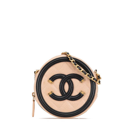 Beige Chanel Caviar CC Filigree Round Crossbody