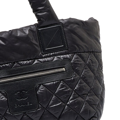 Chanel Coco Black Quilted Nylon Silver