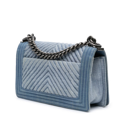 Blue Chanel Medium Denim Chevron Boy Flap Crossbody Bag