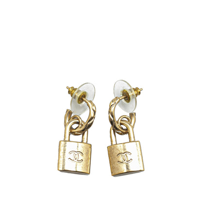 Gold Chanel Gold Plated CC Padlock Drop Push Back Earrings