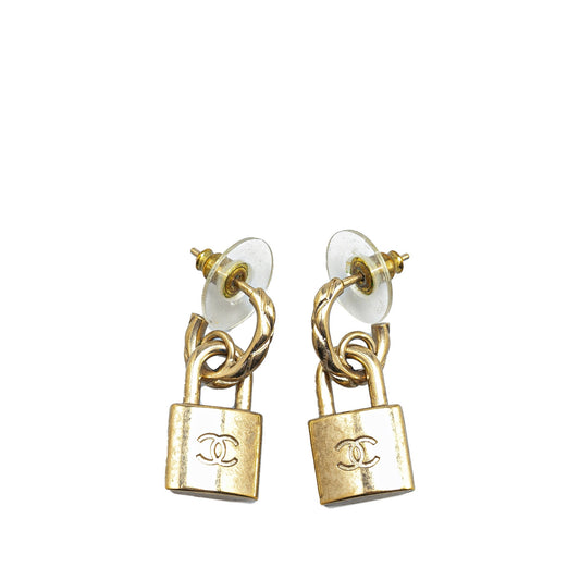 Gold Chanel Gold Plated CC Padlock Drop Push Back Earrings