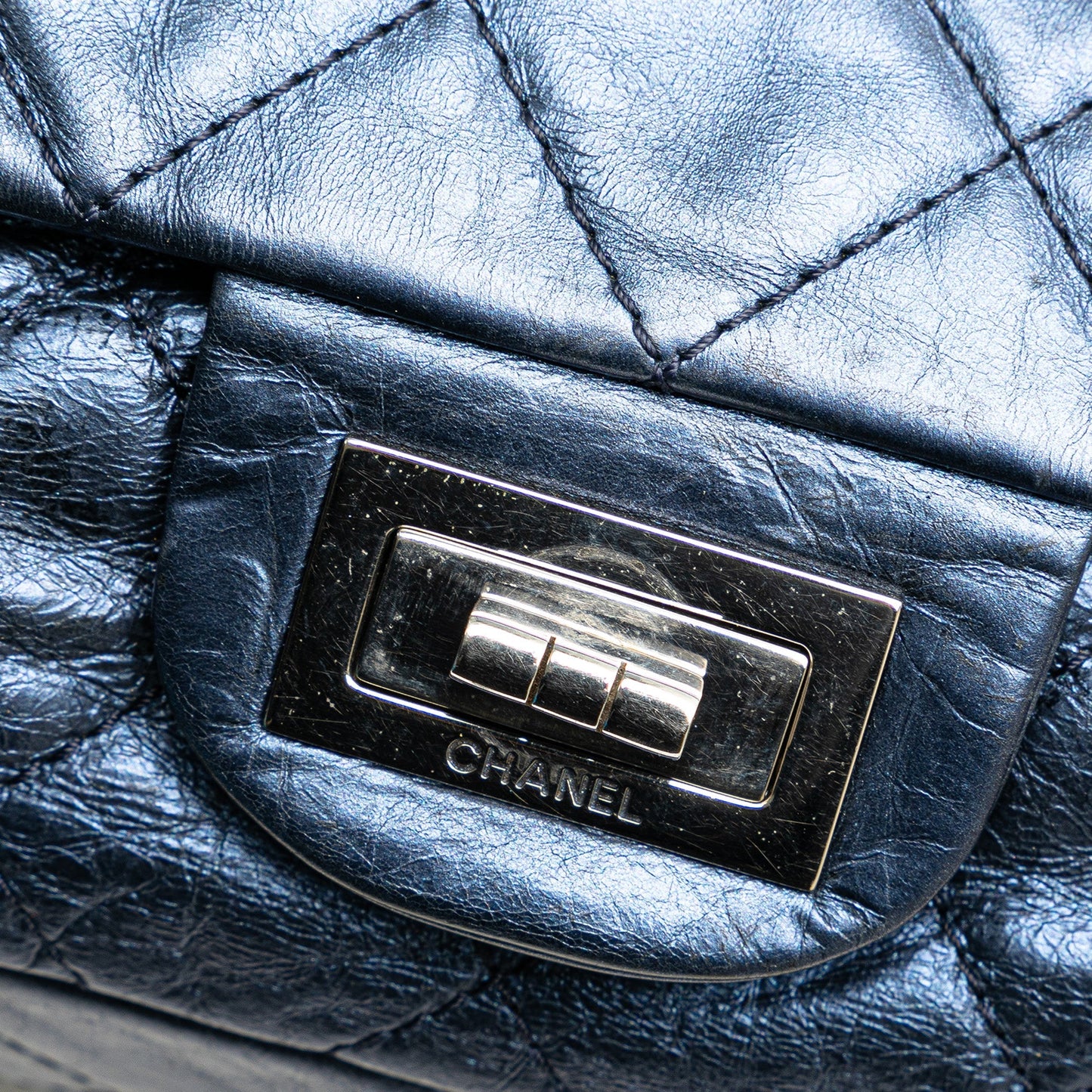 Blue Chanel Reissue 2.55 Aged Metallic Calfskin Flap 226 Shoulder Bag