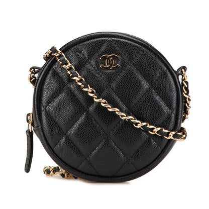 Black Chanel CC Quilted Caviar Round Clutch With Chain Crossbody Bag