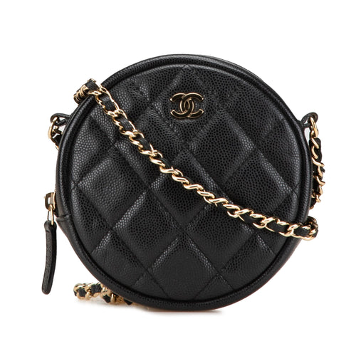Black Chanel CC Quilted Caviar Round Clutch With Chain Crossbody Bag