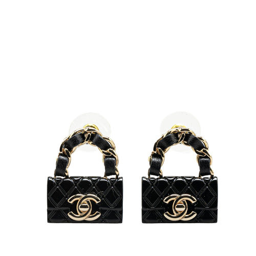 Black Chanel Resin Quilted Lambskin CC Turnlock Chain Flap Push Back Earrings