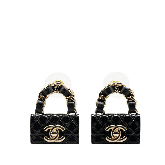 Black Chanel Resin Quilted Lambskin CC Turnlock Chain Flap Push Back Earrings