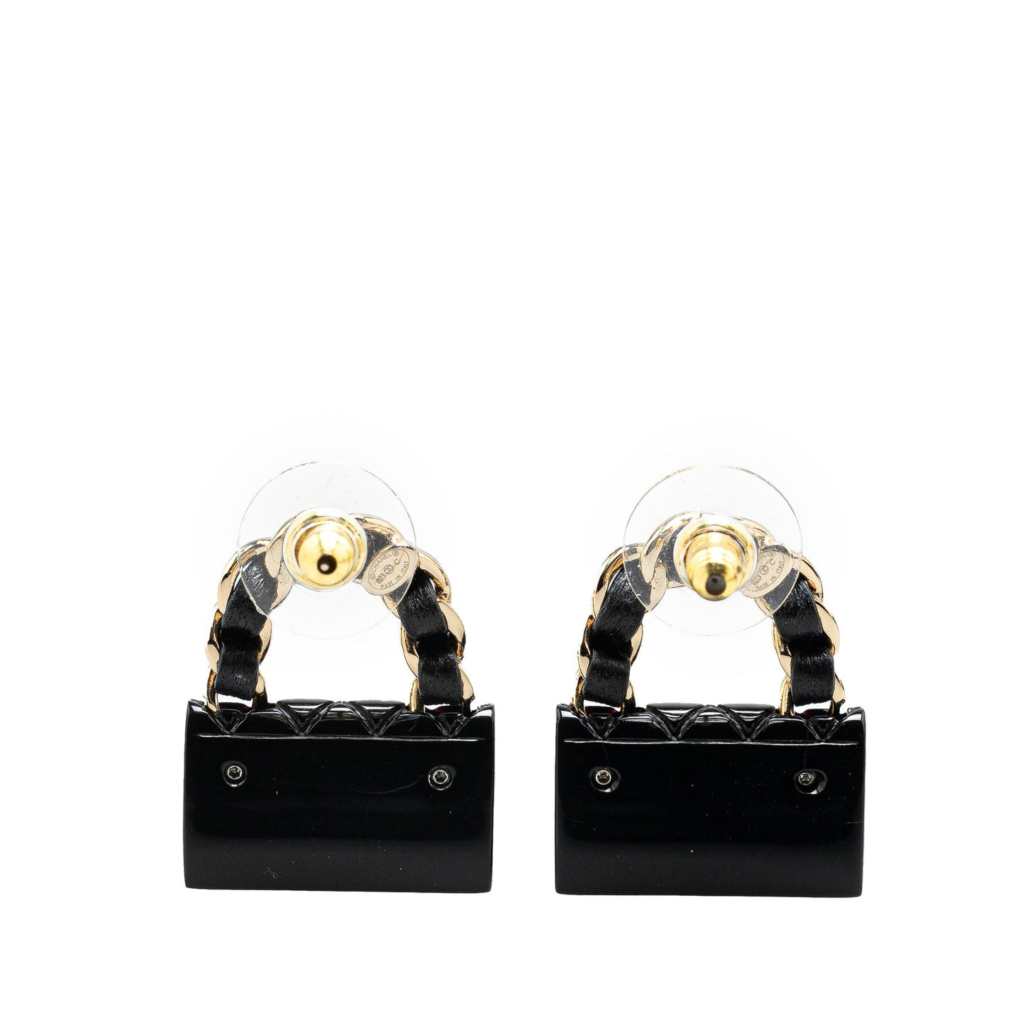Black Chanel Resin Quilted Lambskin CC Turnlock Chain Flap Push Back Earrings