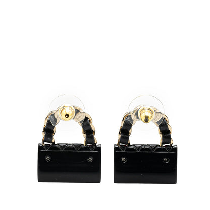 Black Chanel Resin Quilted Lambskin CC Turnlock Chain Flap Push Back Earrings