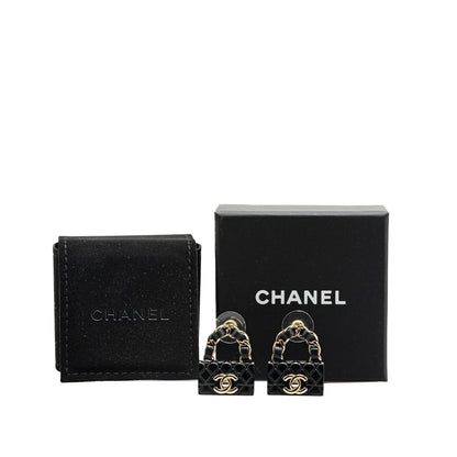 Black Chanel Resin Quilted Lambskin CC Turnlock Chain Flap Push Back Earrings