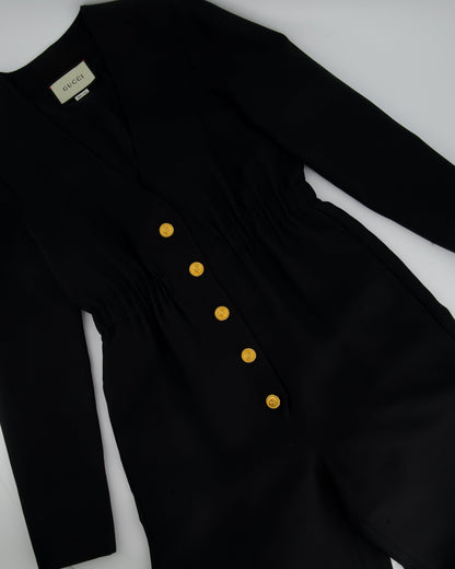 Gucci Black Long-Sleeve V-Neck Jumpsuit with Gold Button Detail Size IT 38 (UK 6)