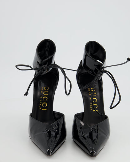 Gucci Black Patent Leather Heels With Gold Heels & Ankle Strap Detailing Size EU 39