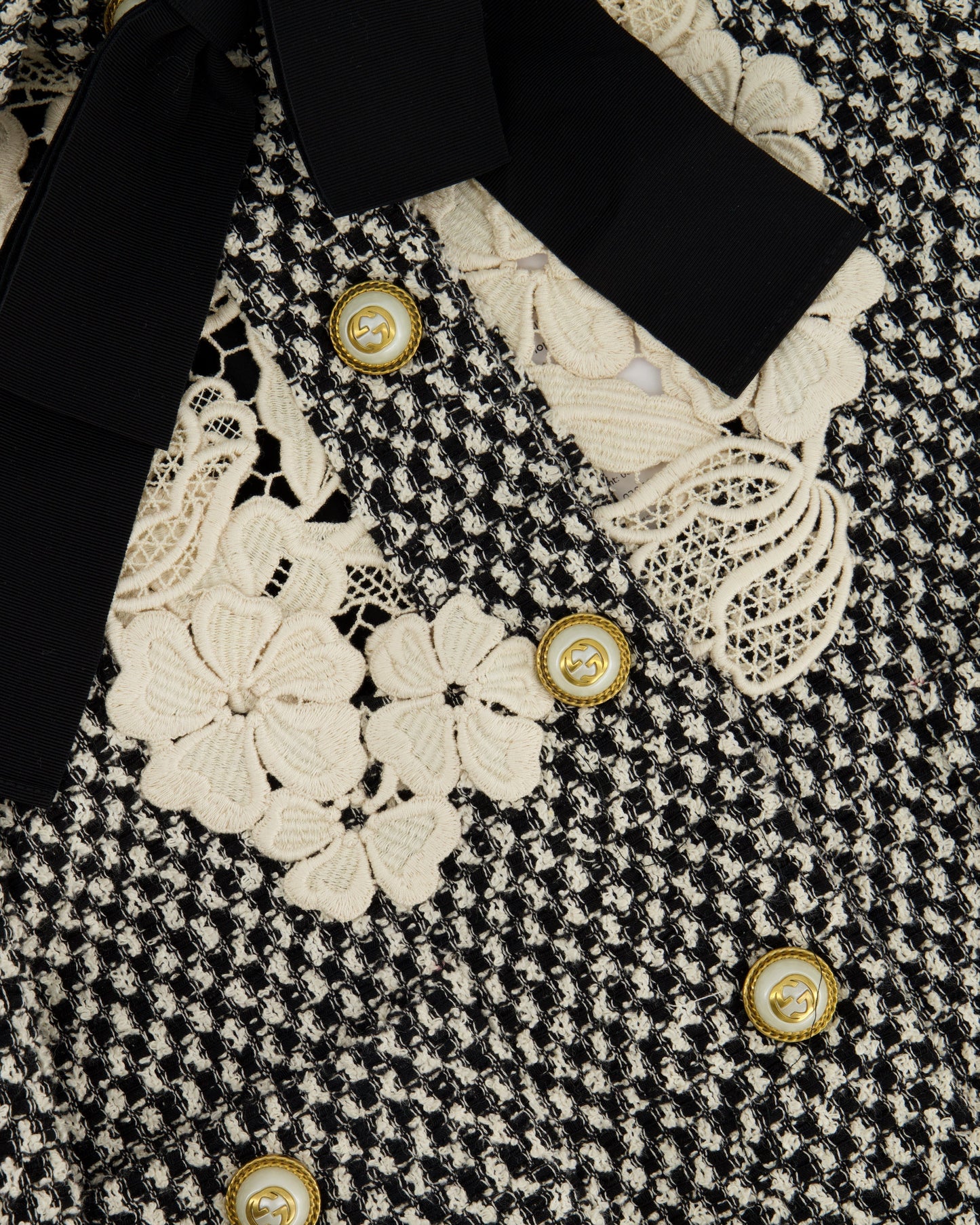 Gucci Black and White Tweed Jacket with Lace Detail and GG Buttons Size IT 36 (UK 4)