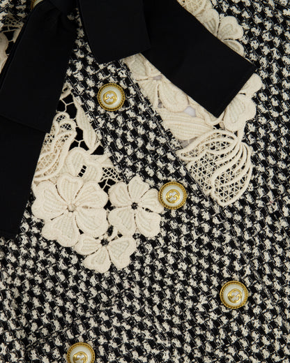 Gucci Black and White Tweed Jacket with Lace Detail and GG Buttons Size IT 36 (UK 4)