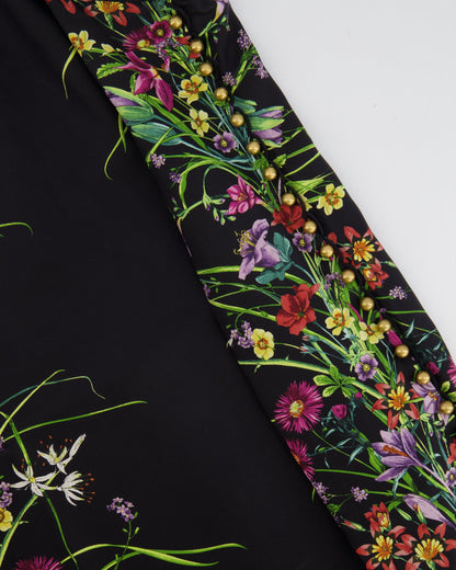 Gucci Black Silk Mini Floral Printed Dress with Gold Pearl Embellishments Size IT 38 (UK 6)