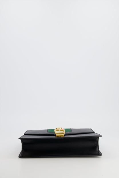 Gucci Black Leather Small Sylvie Bag Canvas with Gold Hardware and Canvas Strap