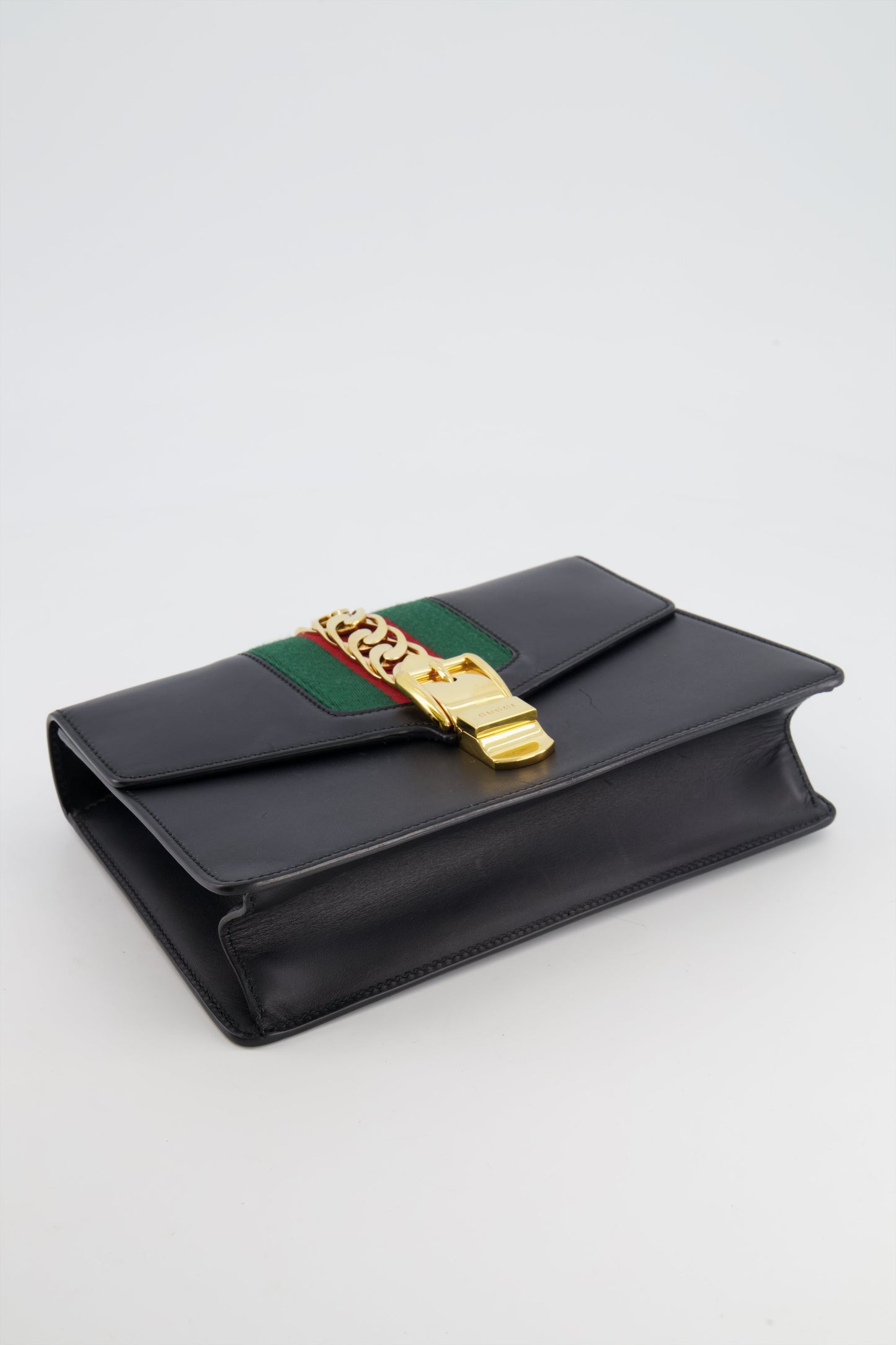 Gucci Black Leather Small Sylvie Bag Canvas with Gold Hardware and Canvas Strap