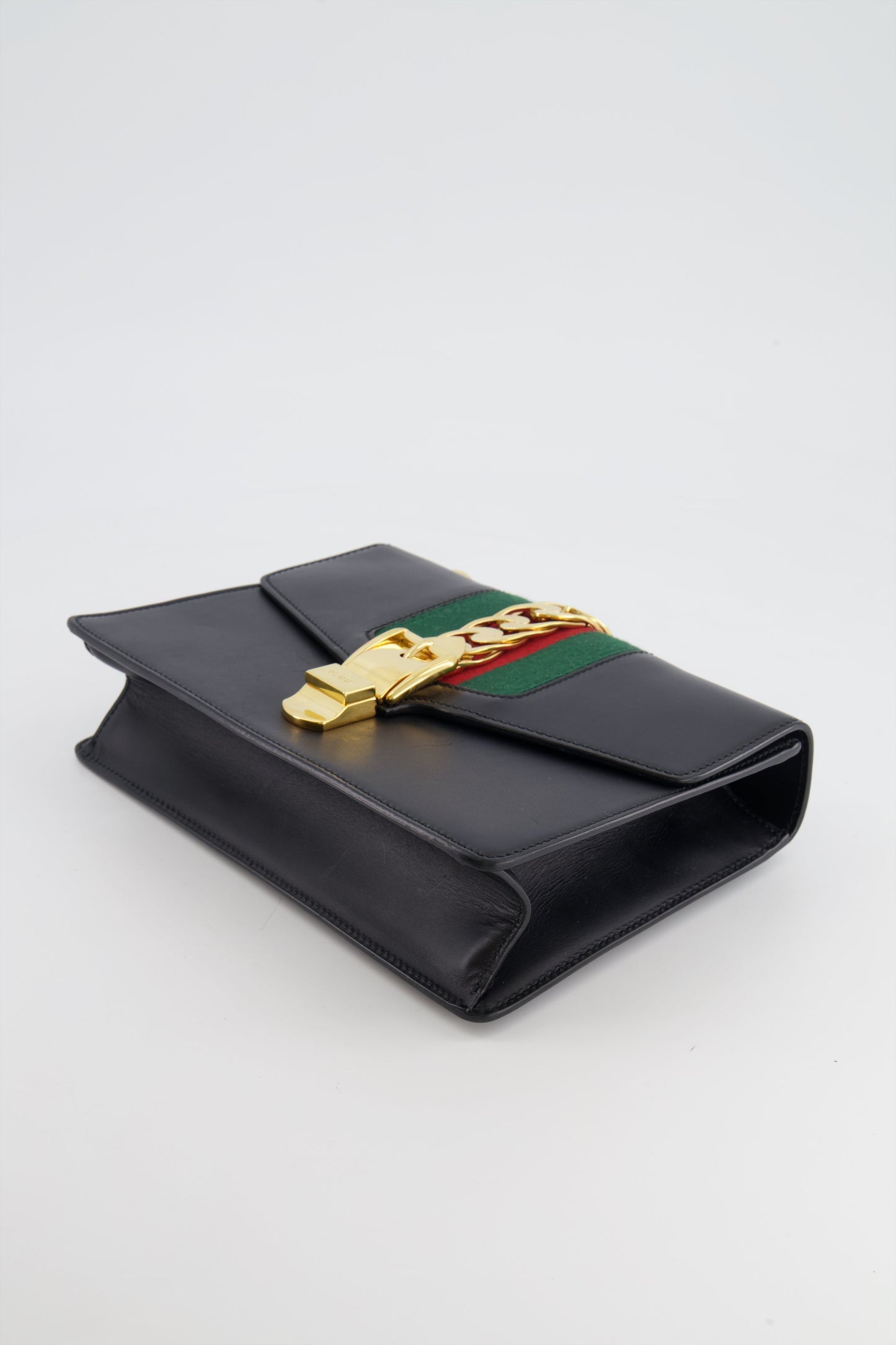Gucci Black Leather Small Sylvie Bag Canvas with Gold Hardware and Canvas Strap