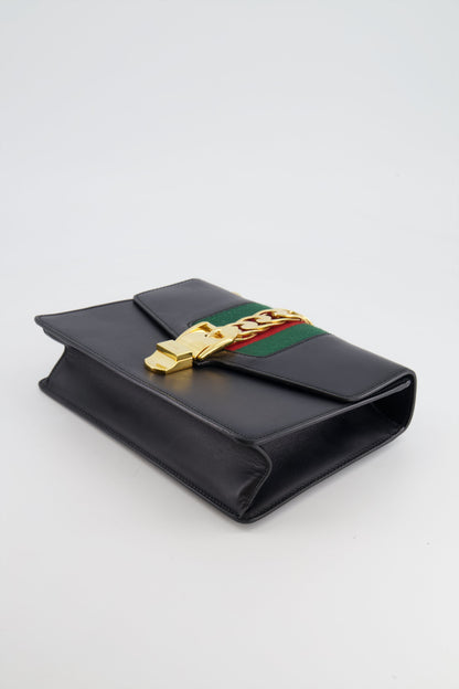 Gucci Black Leather Small Sylvie Bag Canvas with Gold Hardware and Canvas Strap