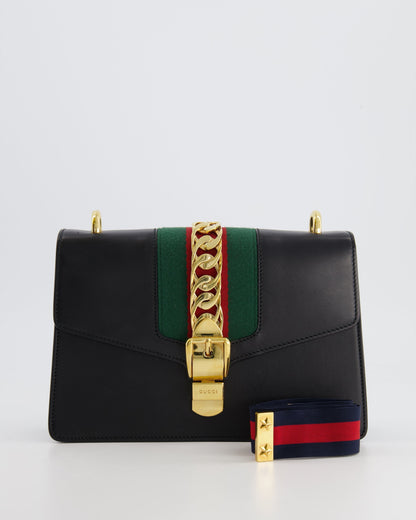 Gucci Black Leather Small Sylvie Bag Canvas with Gold Hardware and Canvas Strap