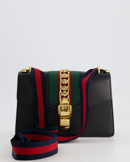 Gucci Black Leather Small Sylvie Bag Canvas with Gold Hardware and Canvas Strap
