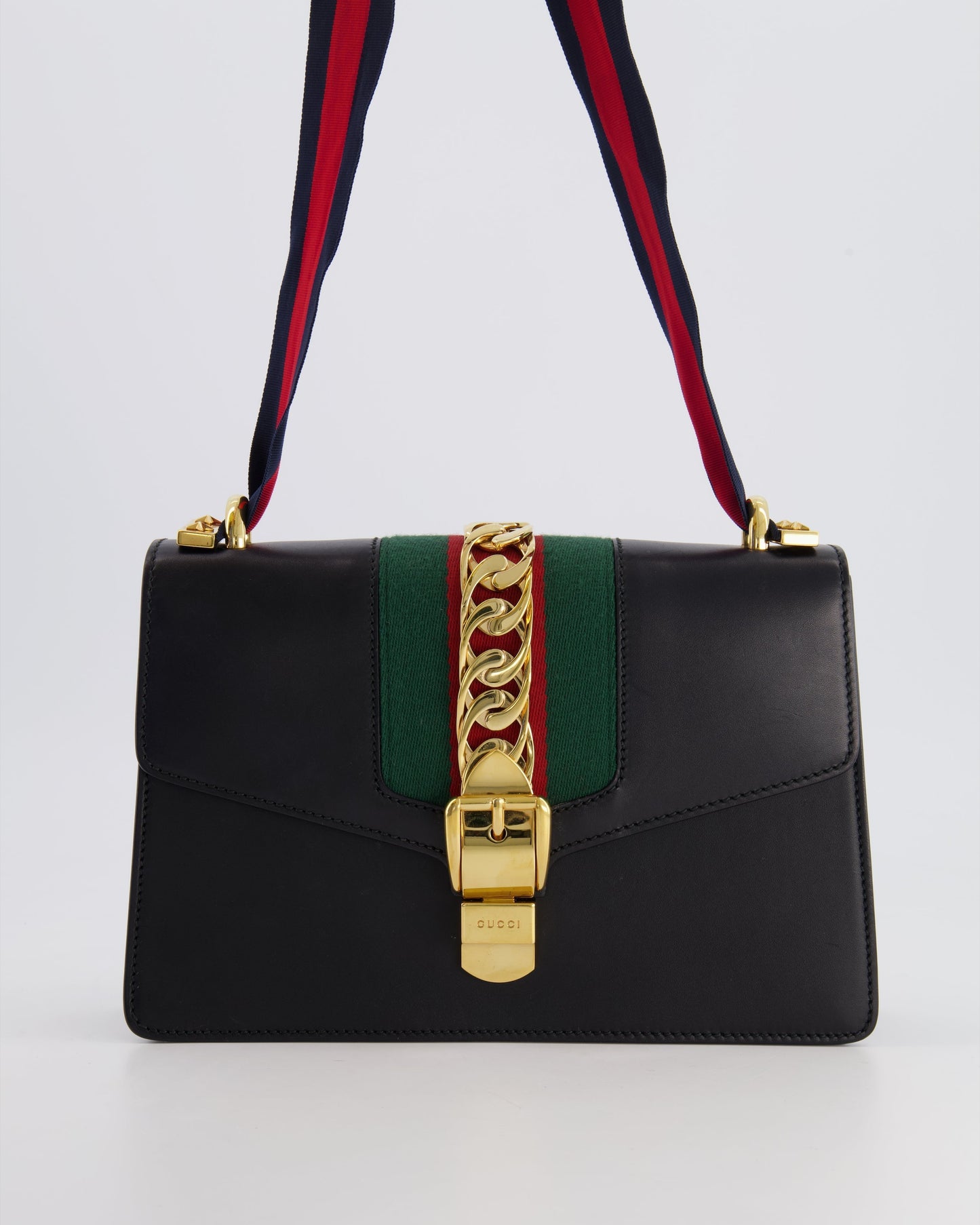 Gucci Black Leather Small Sylvie Bag Canvas with Gold Hardware and Canvas Strap