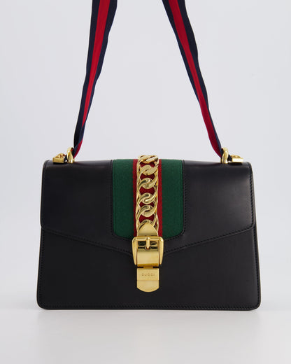 Gucci Black Leather Small Sylvie Bag Canvas with Gold Hardware and Canvas Strap