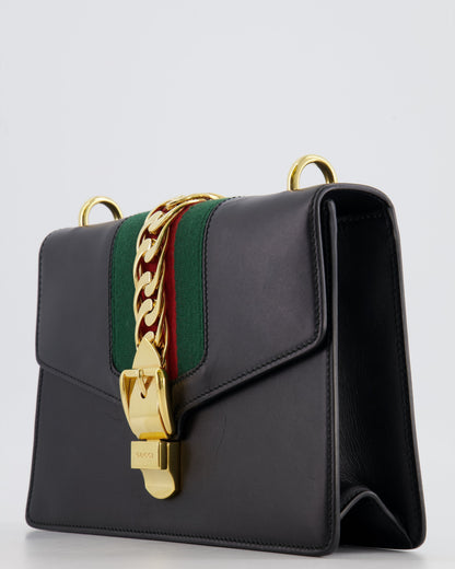 Gucci Black Leather Small Sylvie Bag Canvas with Gold Hardware and Canvas Strap