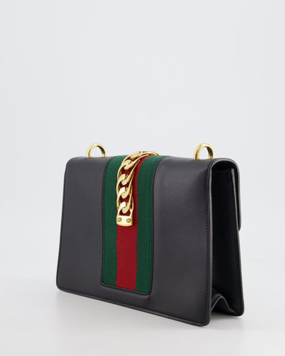 Gucci Black Leather Small Sylvie Bag Canvas with Gold Hardware and Canvas Strap