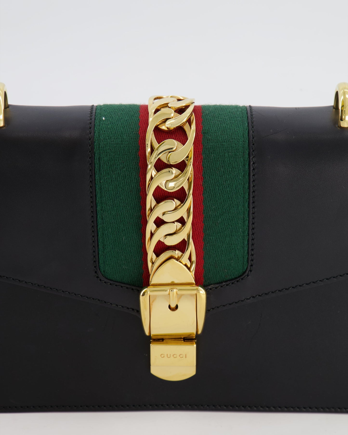 Gucci Black Leather Small Sylvie Bag Canvas with Gold Hardware and Canvas Strap
