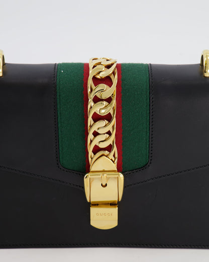 Gucci Black Leather Small Sylvie Bag Canvas with Gold Hardware and Canvas Strap