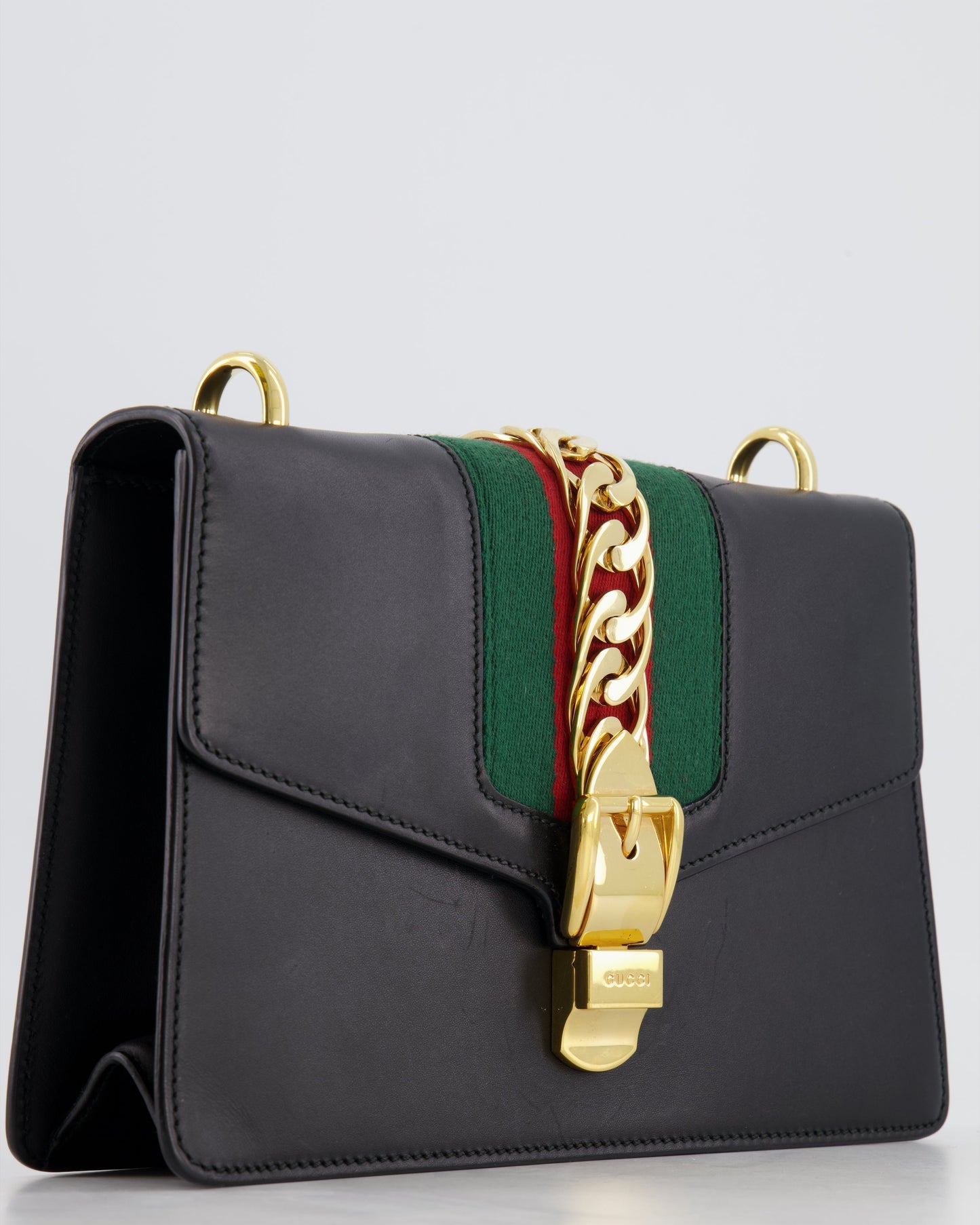 Gucci Black Leather Small Sylvie Bag Canvas with Gold Hardware and Canvas Strap