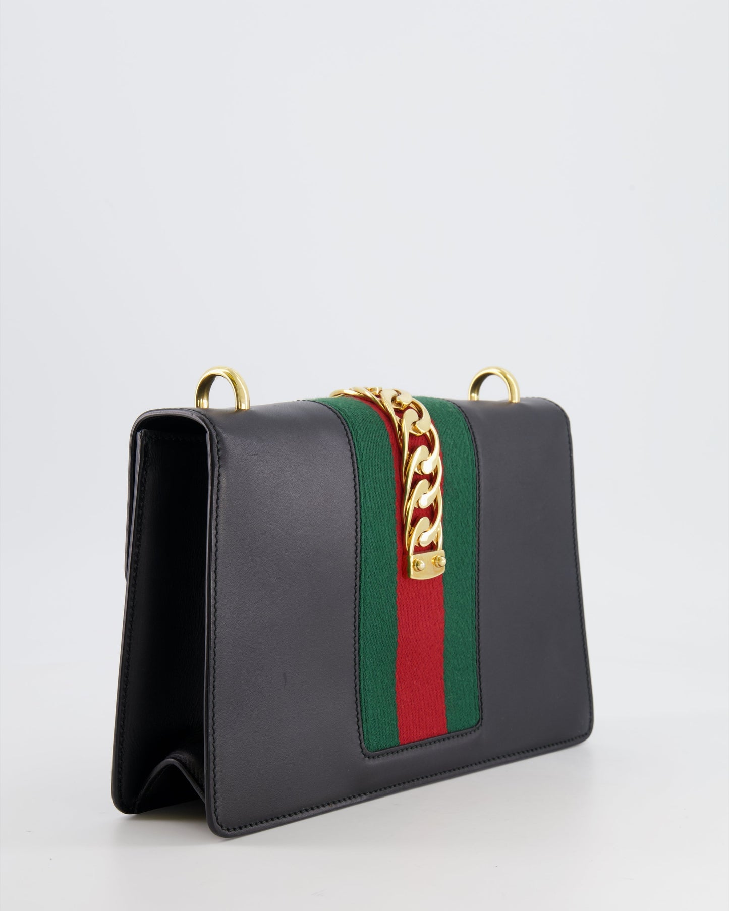 Gucci Black Leather Small Sylvie Bag Canvas with Gold Hardware and Canvas Strap