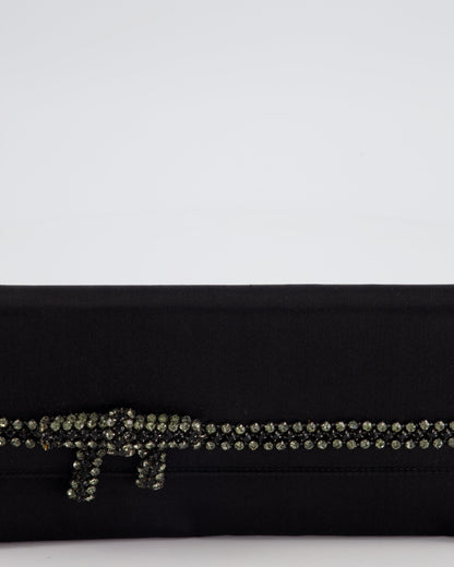Gucci Black Rectangular Satin Clutch Bag with Embellished Bow Detail