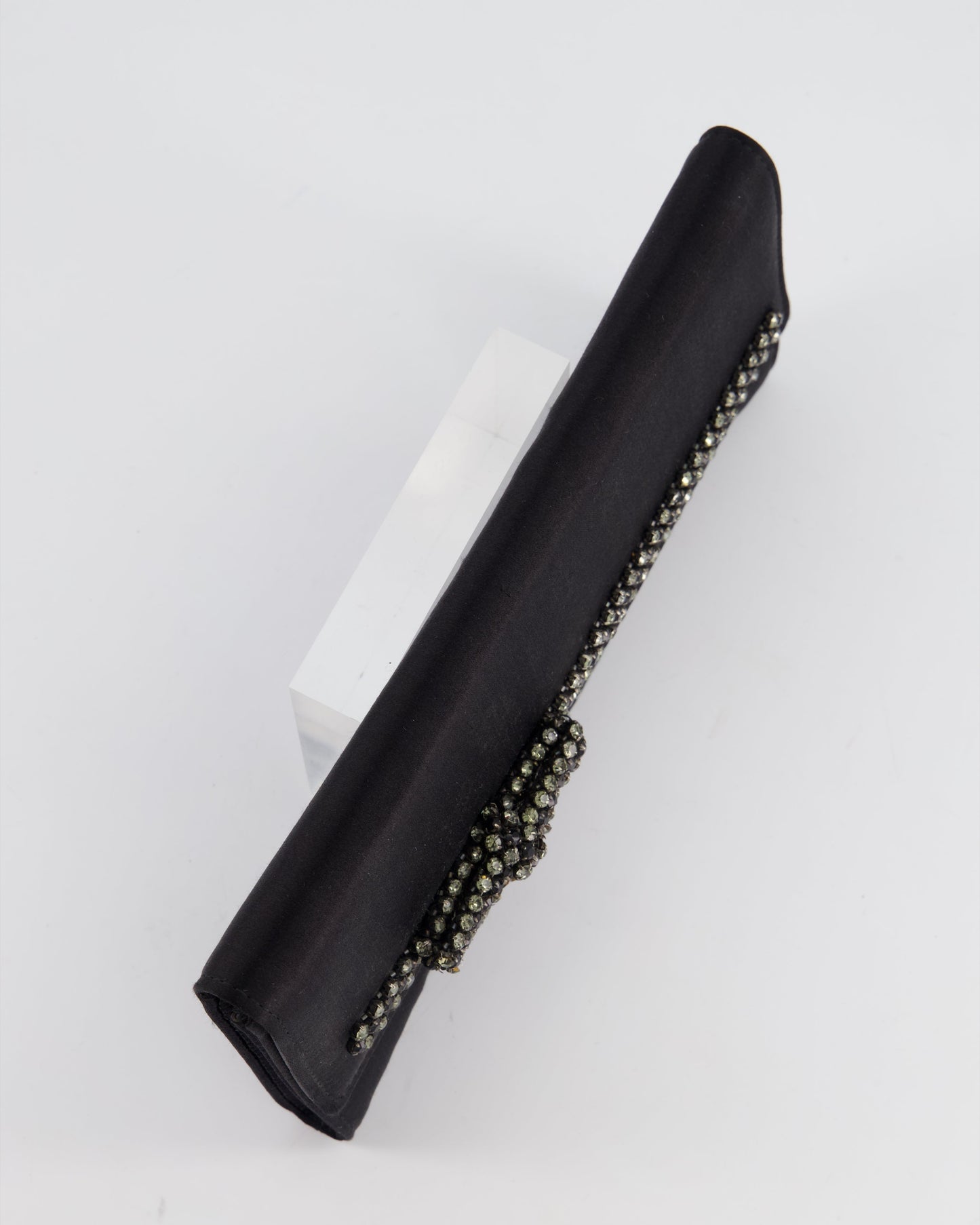 Gucci Black Rectangular Satin Clutch Bag with Embellished Bow Detail