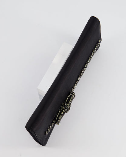 Gucci Black Rectangular Satin Clutch Bag with Embellished Bow Detail