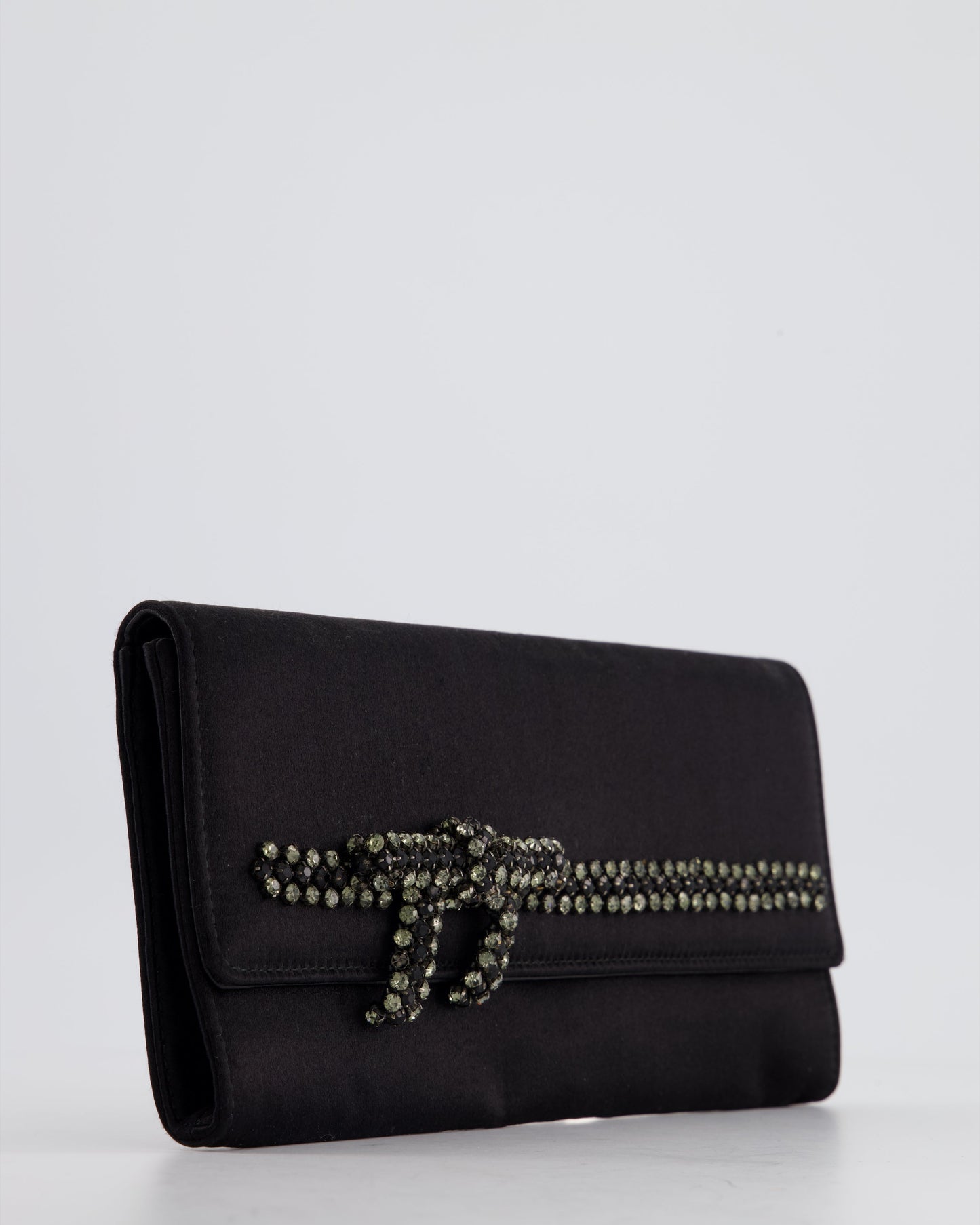 Gucci Black Rectangular Satin Clutch Bag with Embellished Bow Detail