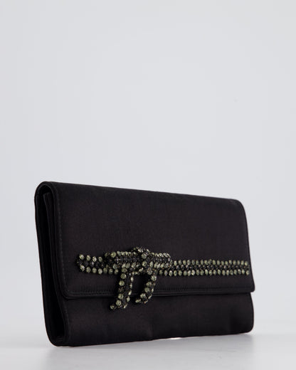 Gucci Black Rectangular Satin Clutch Bag with Embellished Bow Detail