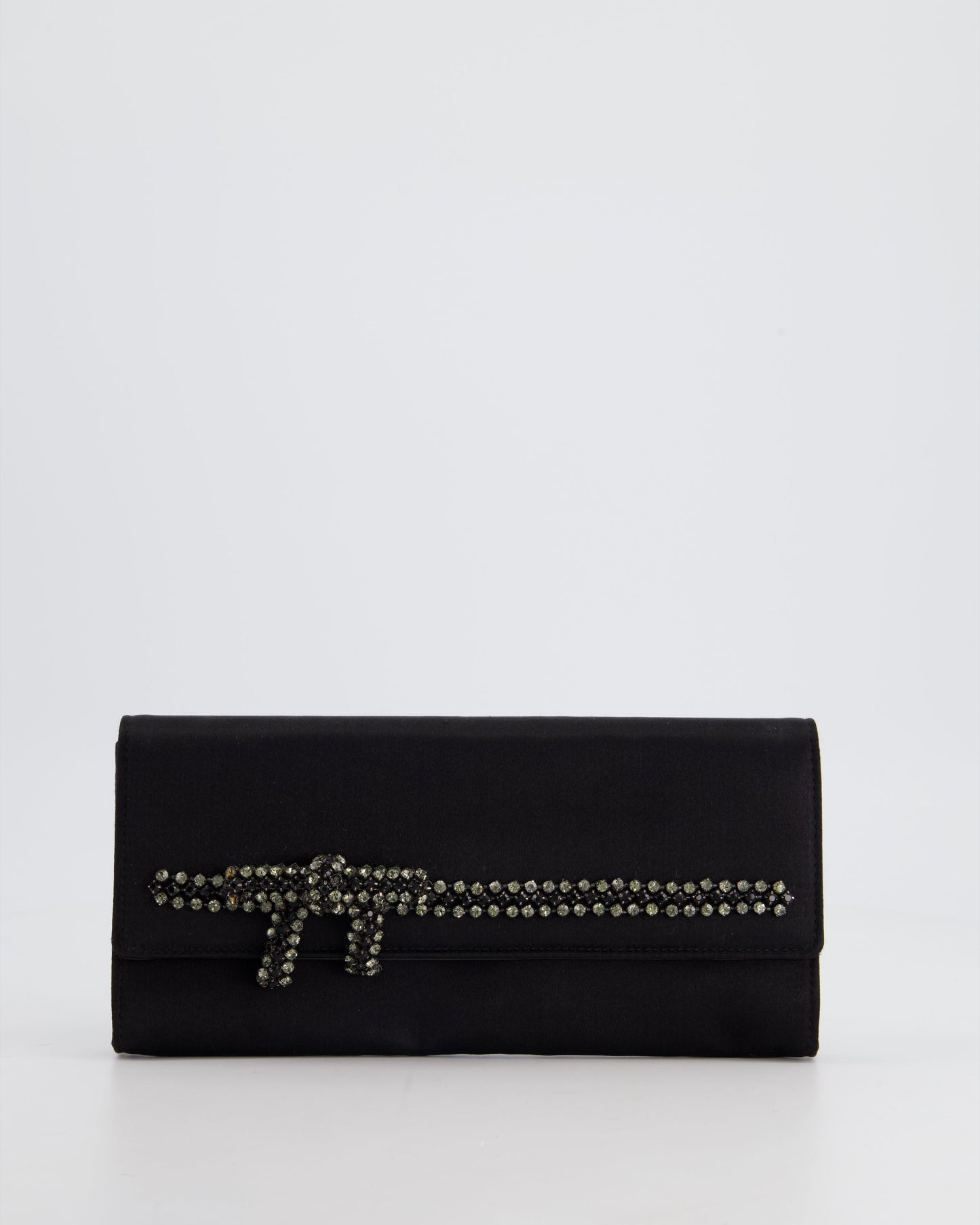 Gucci Black Rectangular Satin Clutch Bag with Embellished Bow Detail