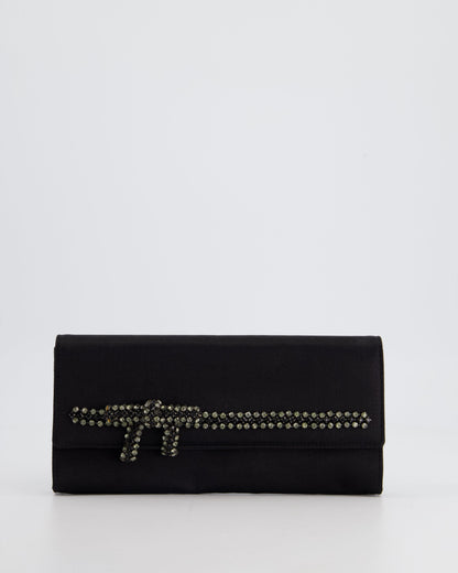Gucci Black Rectangular Satin Clutch Bag with Embellished Bow Detail