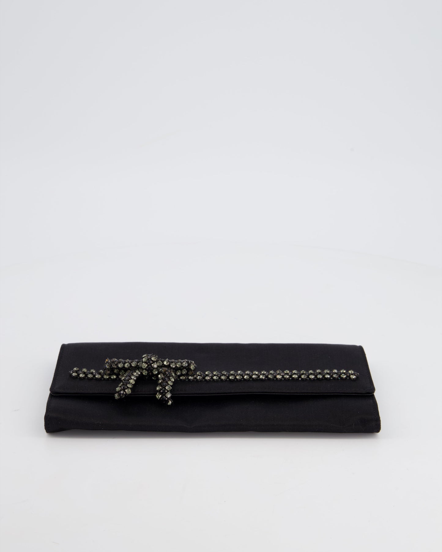 Gucci Black Rectangular Satin Clutch Bag with Embellished Bow Detail