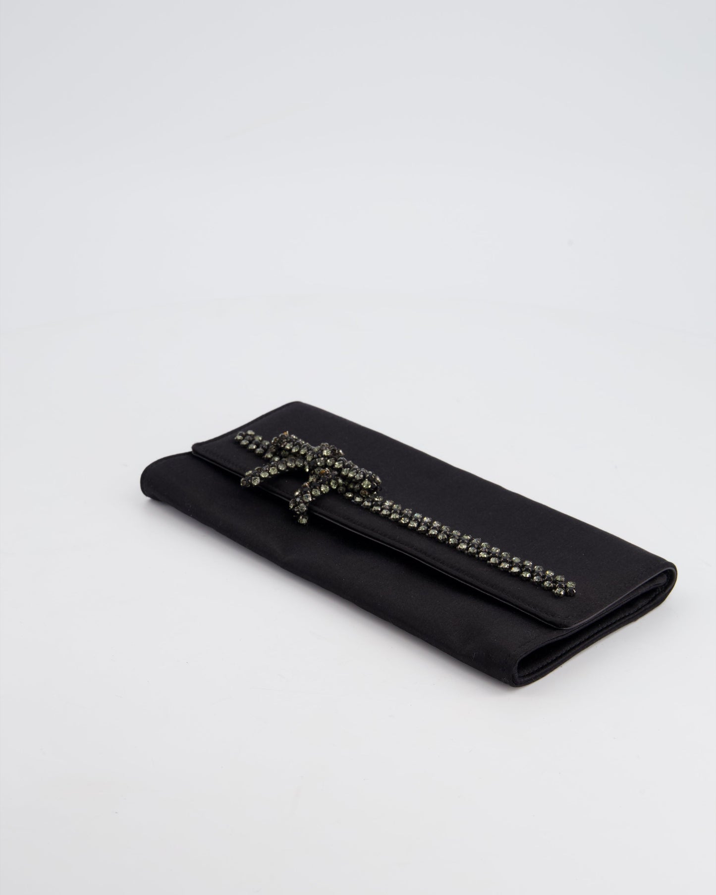Gucci Black Rectangular Satin Clutch Bag with Embellished Bow Detail