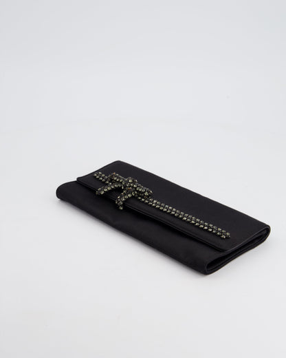 Gucci Black Rectangular Satin Clutch Bag with Embellished Bow Detail