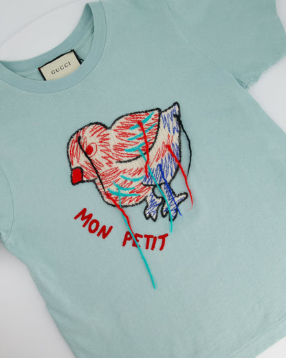 Gucci Baby Blue Cotton T Shirt with Embroidered Bird Size S (UK 8)