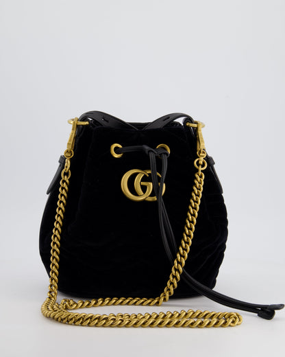 Gucci Black Velvet GG Marmont Bucket Bag with Gold Hardware