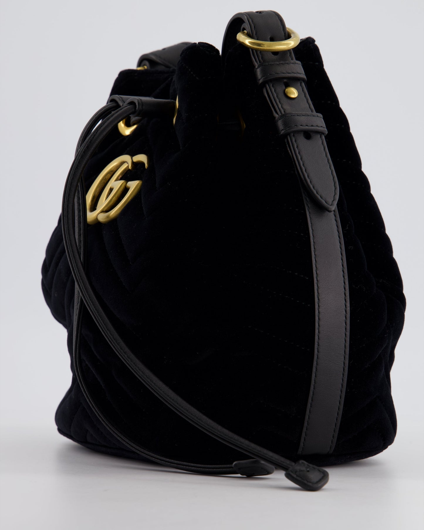 Gucci Black Velvet GG Marmont Bucket Bag with Gold Hardware