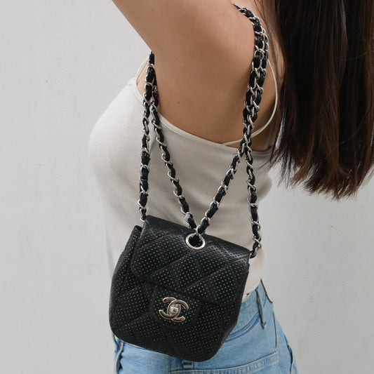 CHANEL 2007 Black Lambskin Perforated Classic Flap Micro