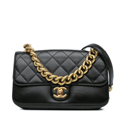 Black Chanel Small Quilted Calfskin Straight Lined Flap Satchel