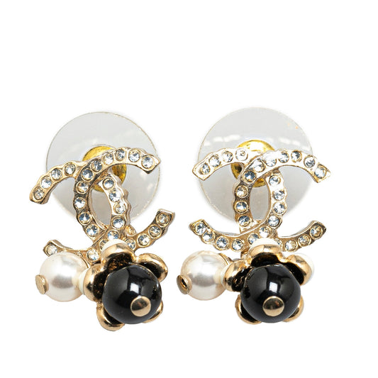 Gold Chanel Gold Plated Rhinestones Pearl CC Drop Push Back Earrings